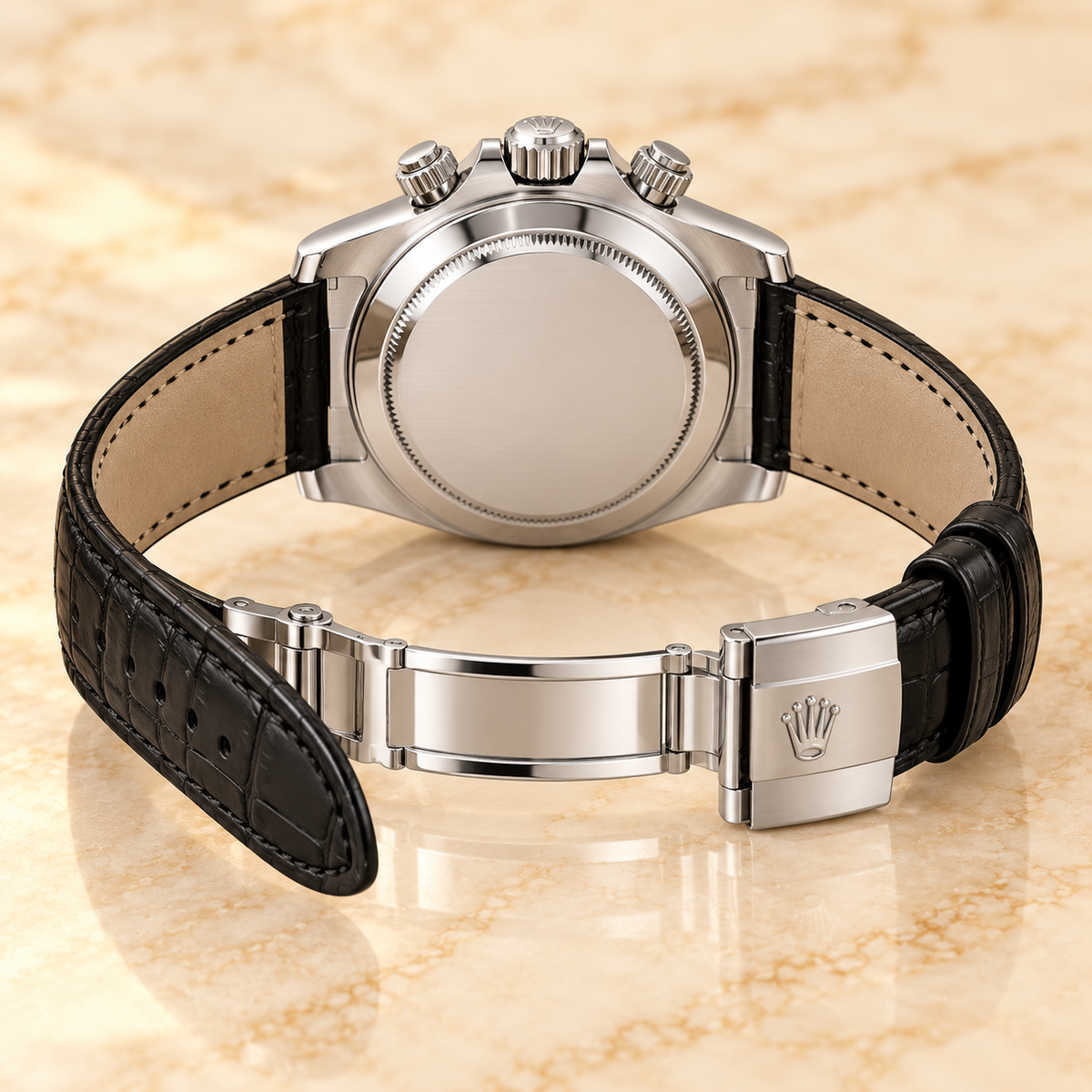 Noirargent Herren-Chronograph – Rückseite und geöffnetes Lederband