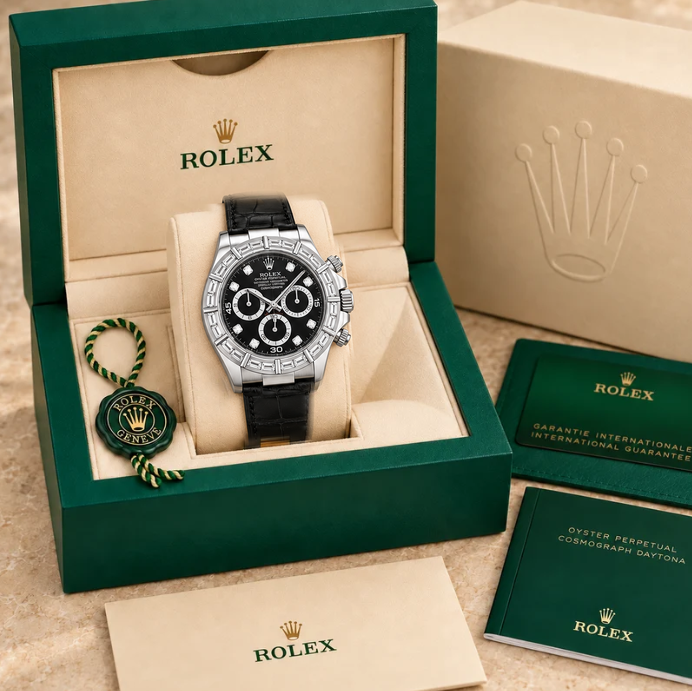 Noirargent Herren-Chronograph mit Schmucksteinbesatz – Schwarz & Silberfarben | 40 mm in groene Rolex-doos