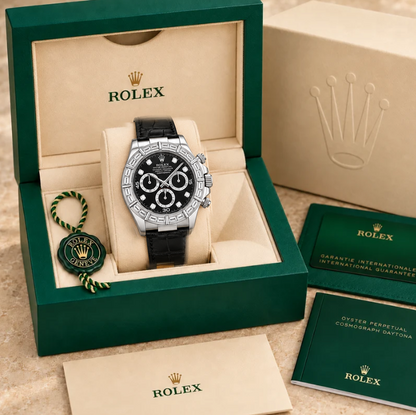 Noirargent Herren-Chronograph mit Schmucksteinbesatz – Schwarz & Silberfarben | 40 mm in groene Rolex-doos