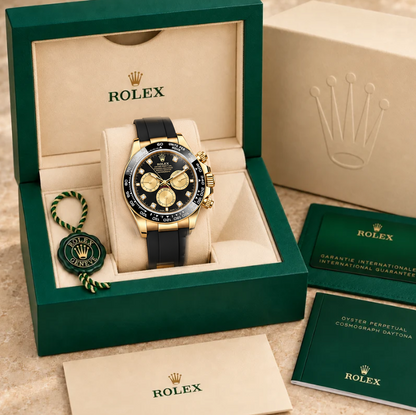 Noiréclat Herren-Chronograph mit Schmucksteinbesatz – Schwarz & Goldfarben | 40 mm in groene Rolex-doos