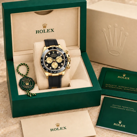 Noiréclat Herren-Chronograph mit Schmucksteinbesatz – Schwarz & Goldfarben | 40 mm in groene Rolex-doos