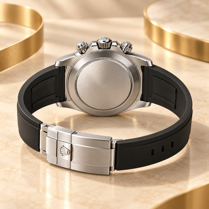 Noirvanta Herren-Chronograph geschlossene Rückseite und geöffnetes Band