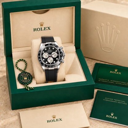 Noirvanta Herren-Chronograph – Schwarz & Silberfarben, Schmucksteinbesatz | 40 mm in groene Rolex-doos