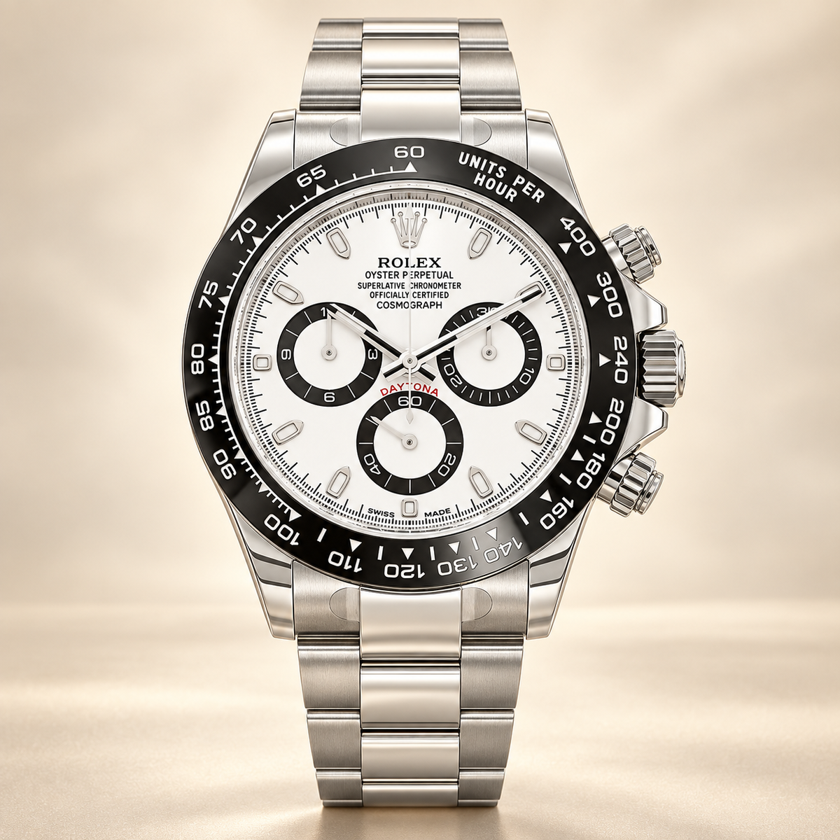 Novaris Chronograph, Vorderansicht mit weißem Zifferblatt und schwarzen Totalisatorringen