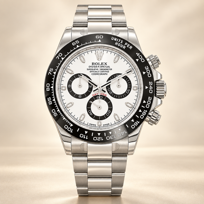 Novaris Chronograph, Vorderansicht mit weißem Zifferblatt und schwarzen Totalisatorringen