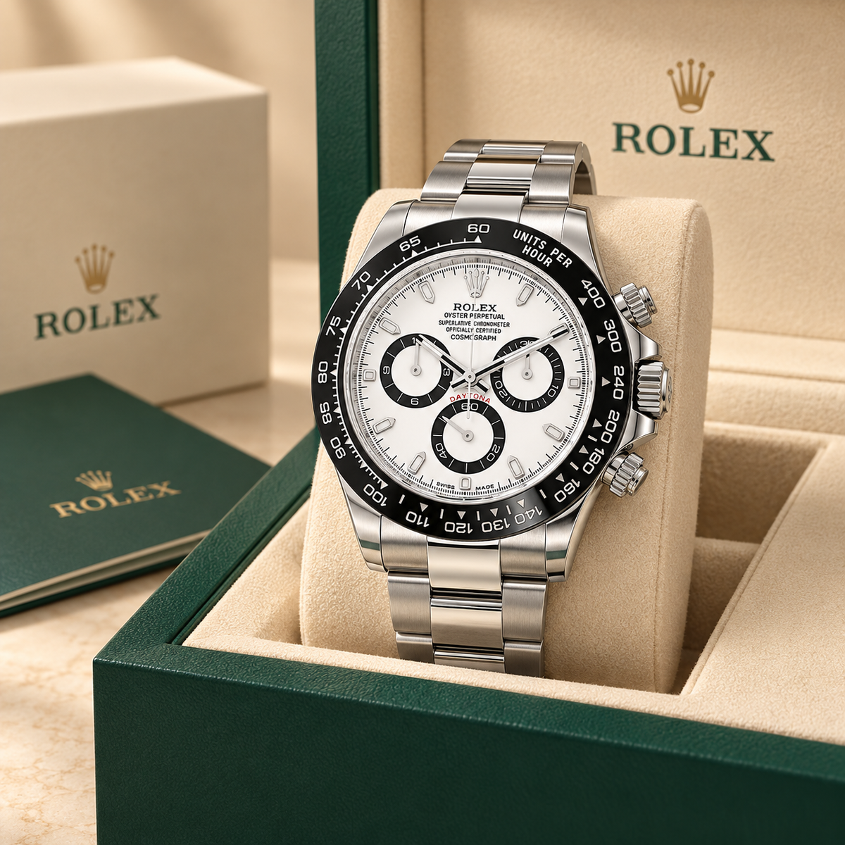 Novaris Chronograph in Weiß, Schwarz und Silberfarben, 40 mm, in Rolex Präsentationsbox