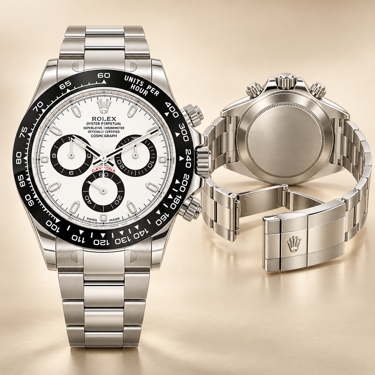 Novaris Chronograph, geschlossener silberfarbener Gehäuseboden und geöffnetes Gliederarmband