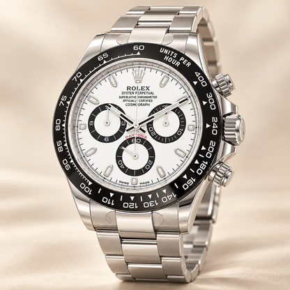 Novaris Chronograph, Seitenansicht mit silberfarbener Krone und Drückern