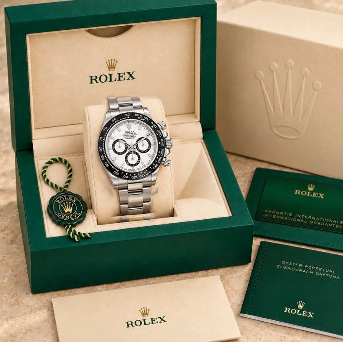 Novaris Chronograph – Weiß & Schwarz | 40 mm in groene Rolex-doos