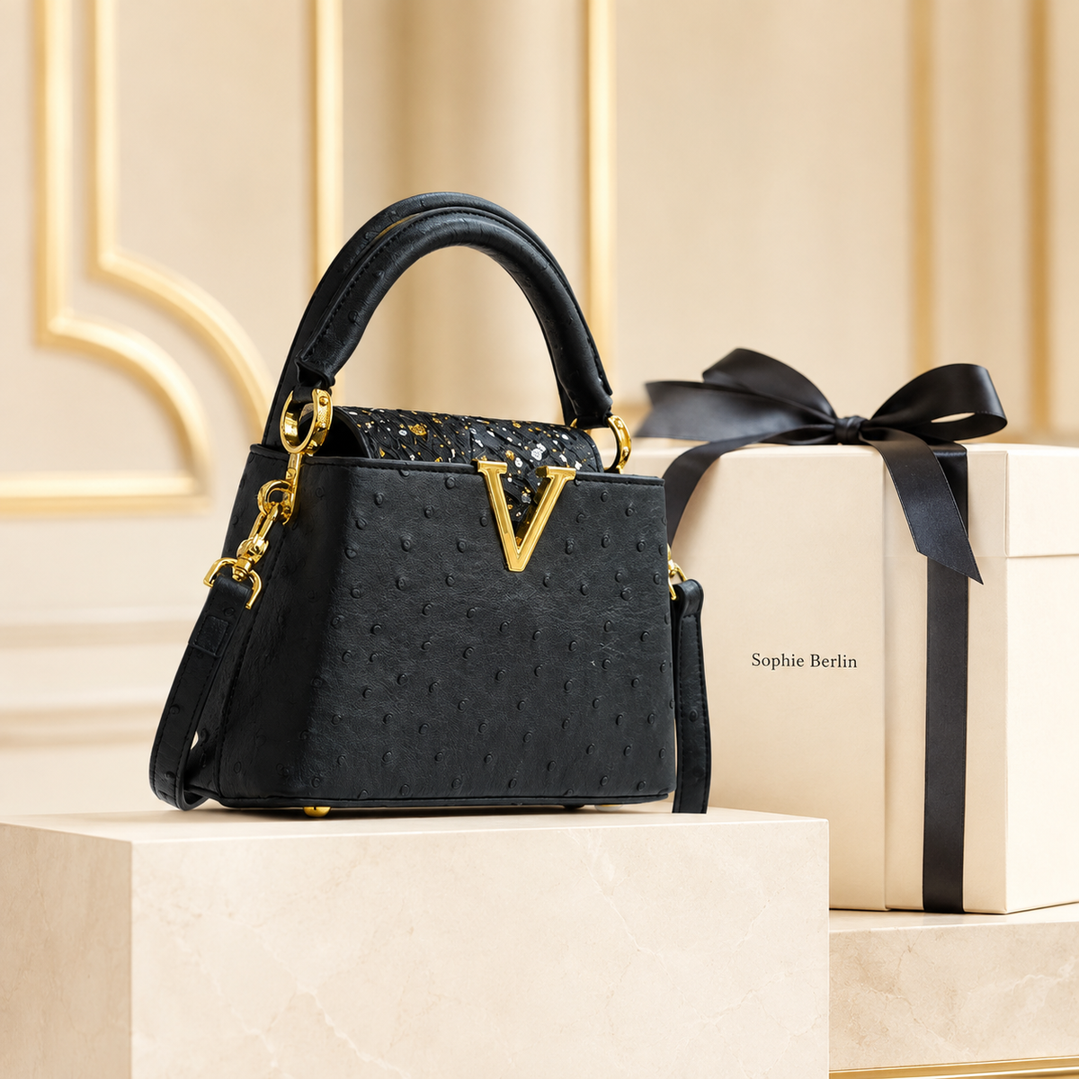 Luxus-Handtasche mit Straußenprägung – Luxusansicht