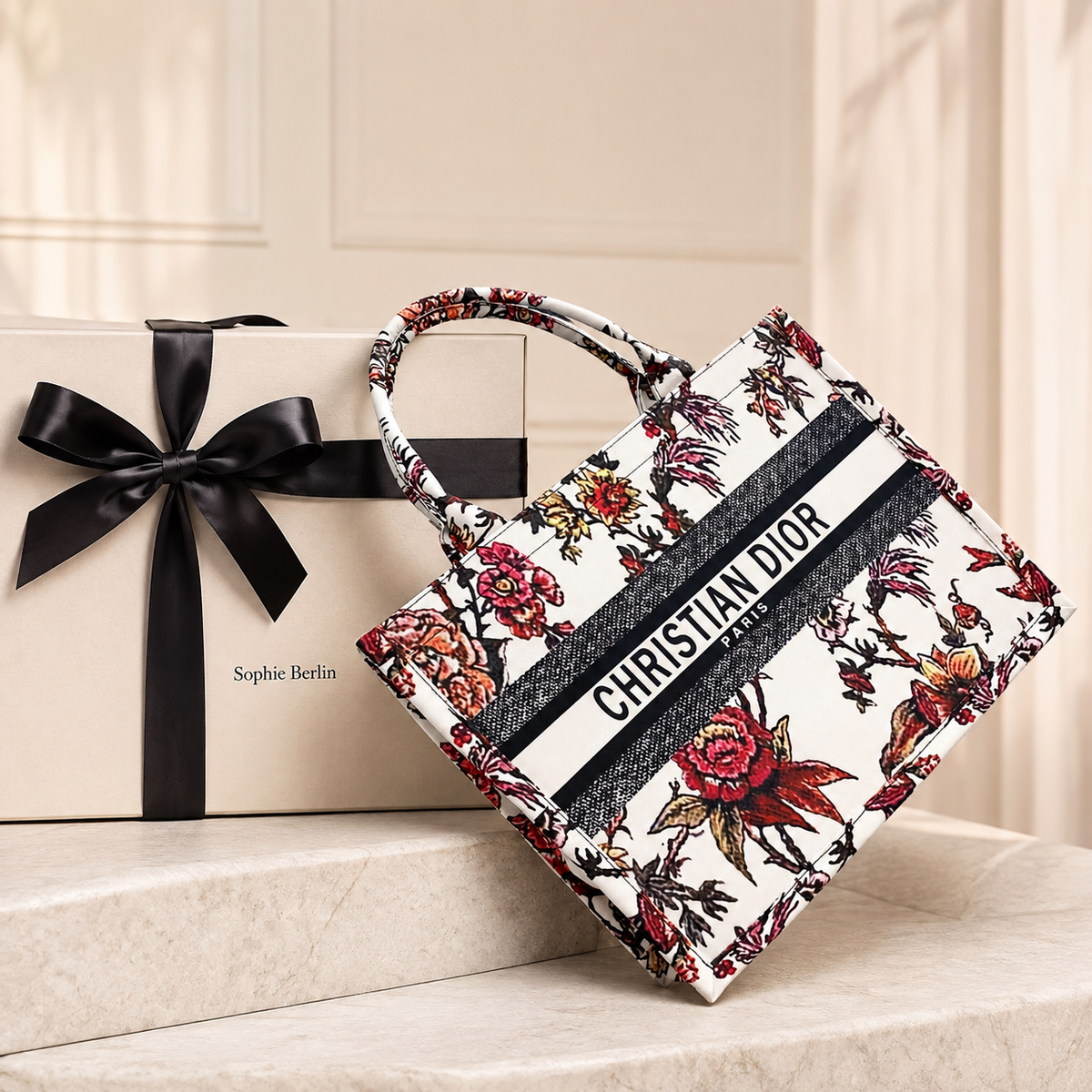 Elegante florale Leder-Handtasche – Luxusansicht