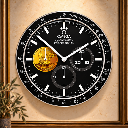 Omega Speedmaster Moonwatch 40 Jahre Gold – runde Frontansicht an heller Luxuswand