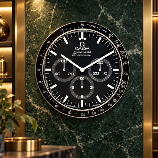 Omega Speedmaster Moonwatch Wanduhr an grüner Marmorwand