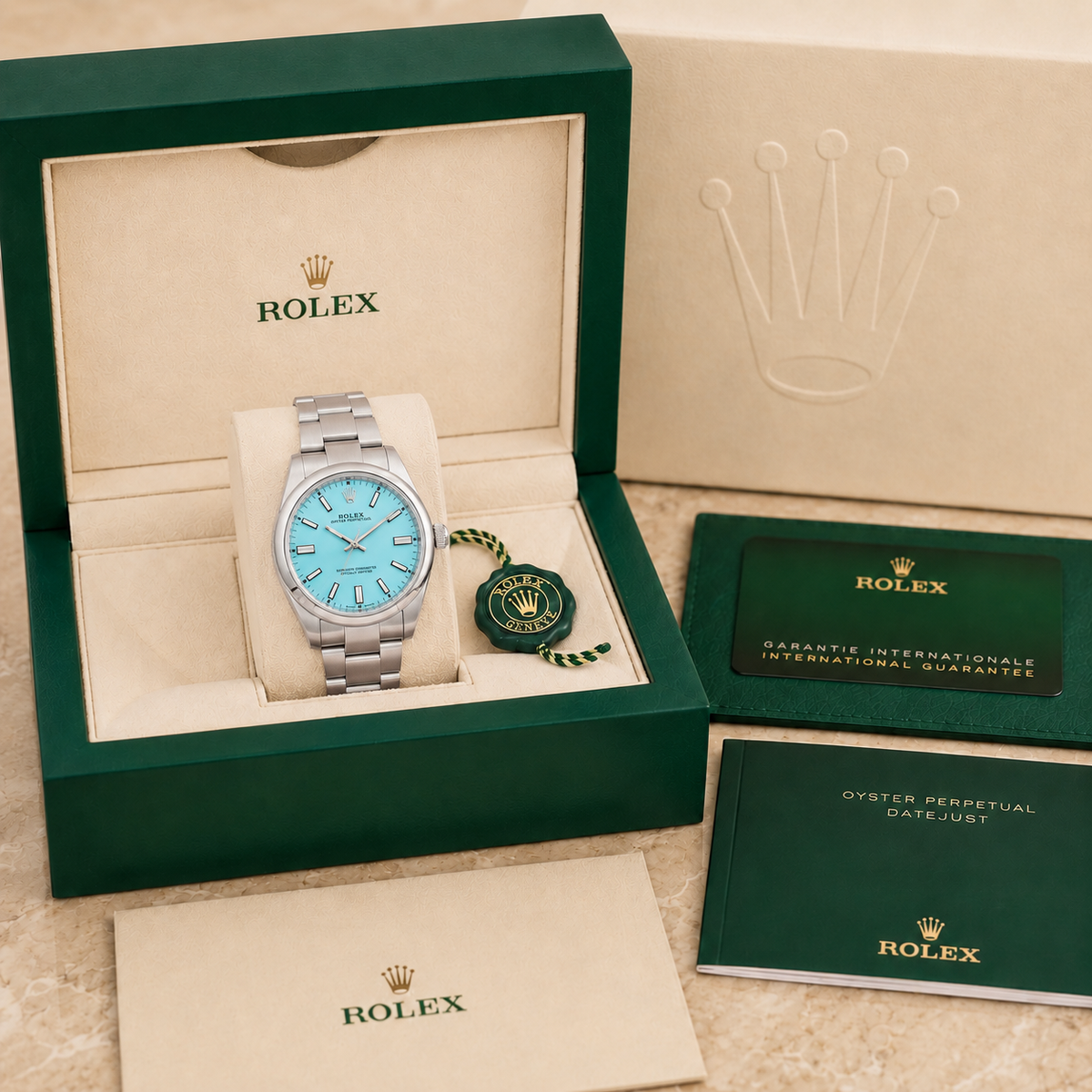 Klassische Armbanduhr 36 „Türkis Blue“ complete set met doos en certificaten