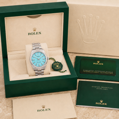 Klassische Armbanduhr 36 „Türkis Blue“ complete set met doos en certificaten