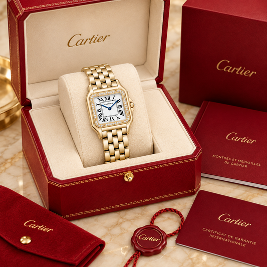 Panthère Damenuhr in Gelbgoldoptik mit Diamantdetails – Medium 37 × 27 mm in luxe presentatiebox