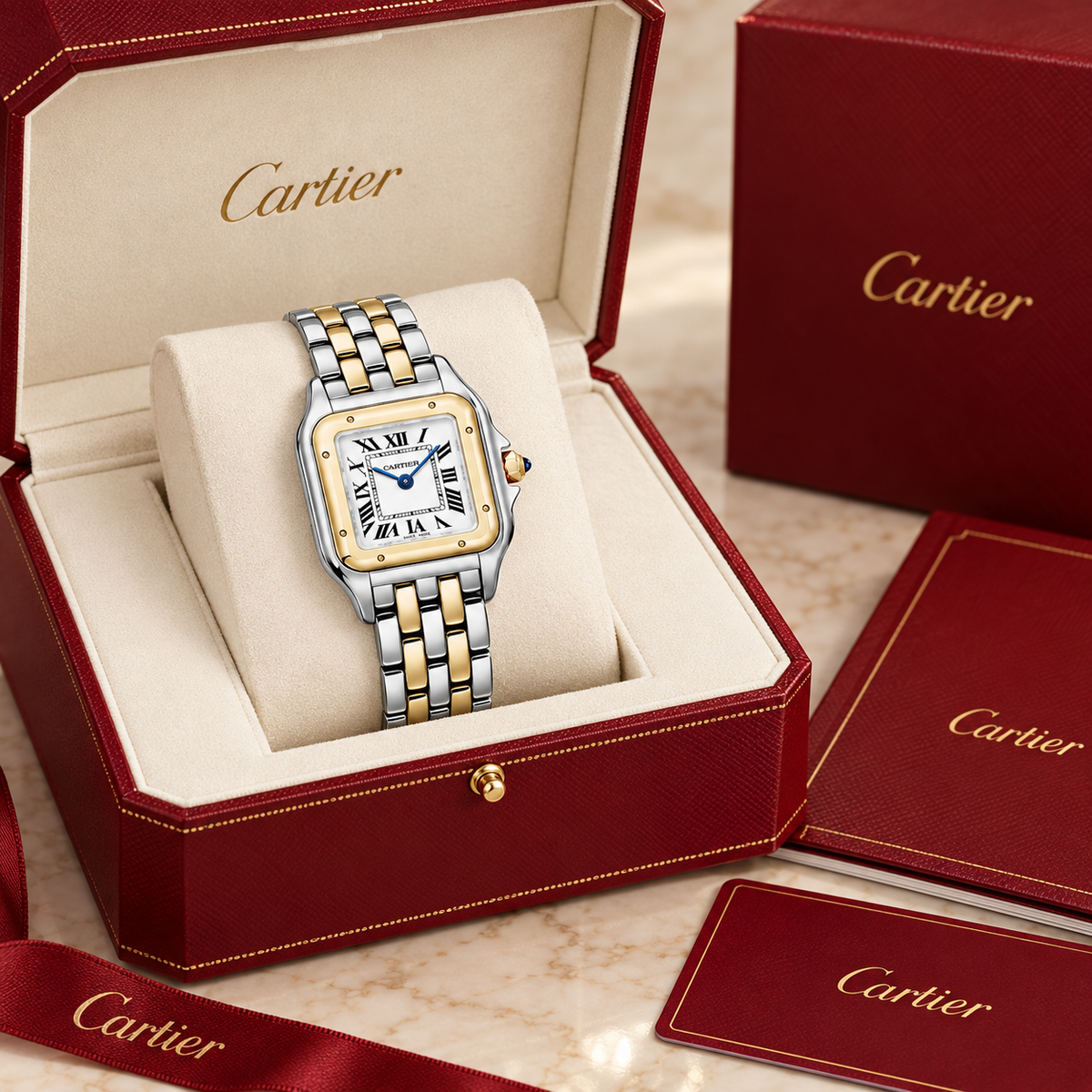 Panthère Damenuhr in Silber und Gold – Small 30 × 23 mm in luxe presentatiebox