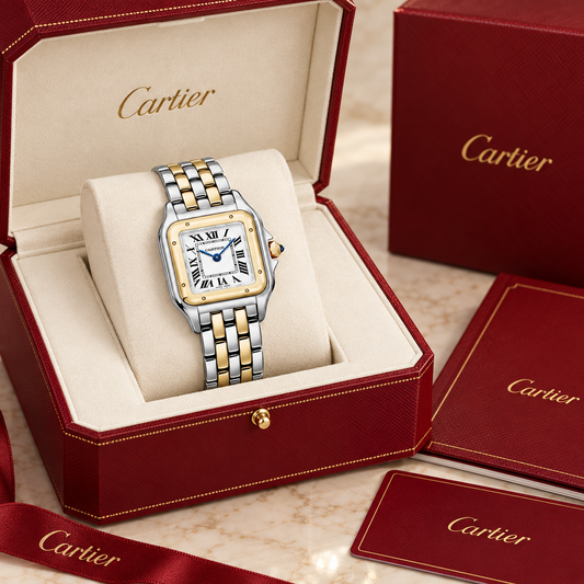 Panthère Damenuhr in Silber und Gold – Small 30 × 23 mm in luxe presentatiebox