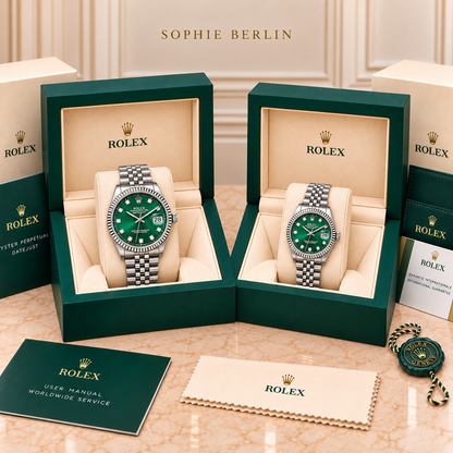 Partneruhren-Set Silber-Grün in Präsentationsboxen