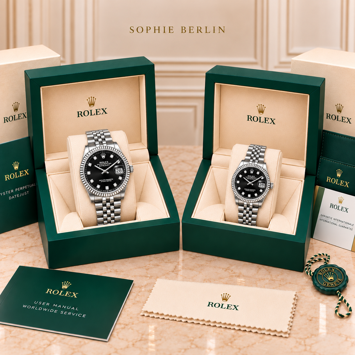 Partneruhren-Set Silber-Schwarz, 36 und 28 mm, in Präsentationsboxen