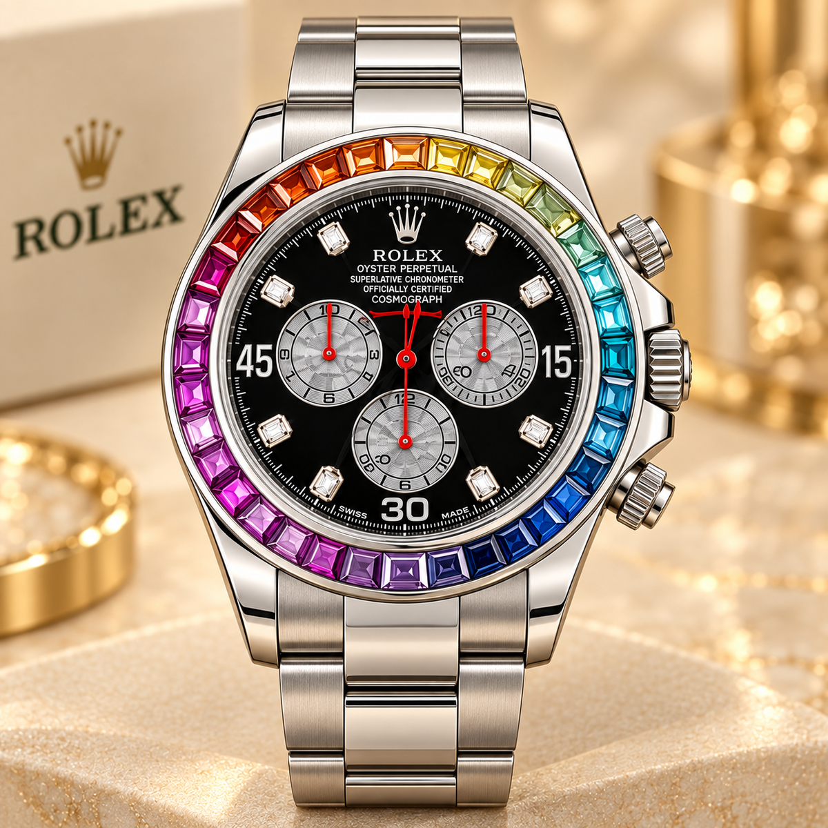 Frontansicht des schwarzen 39-mm-Chronographen mit drei silbergrauen Totalisatoren und mehrfarbigem Besatz