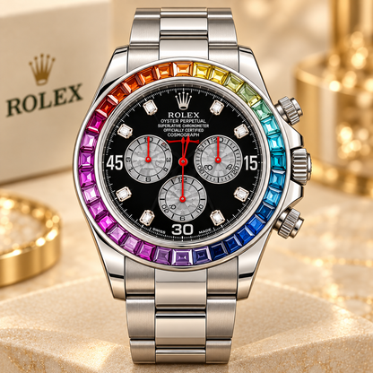 Frontansicht des schwarzen 39-mm-Chronographen mit drei silbergrauen Totalisatoren und mehrfarbigem Besatz