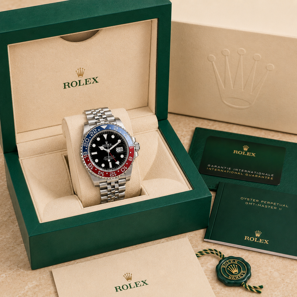 Luxusuhr GMT-Master II "Pepsi" Jubilee 126710BLRO complete set met doos en certificaten