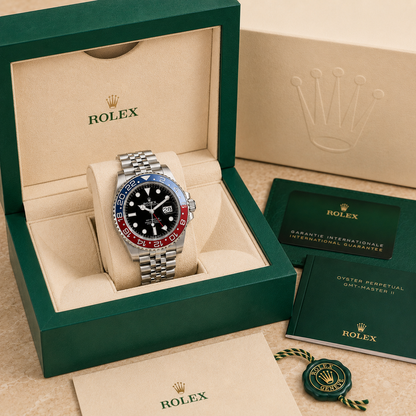 Luxusuhr GMT-Master II "Pepsi" Jubilee 126710BLRO complete set met doos en certificaten