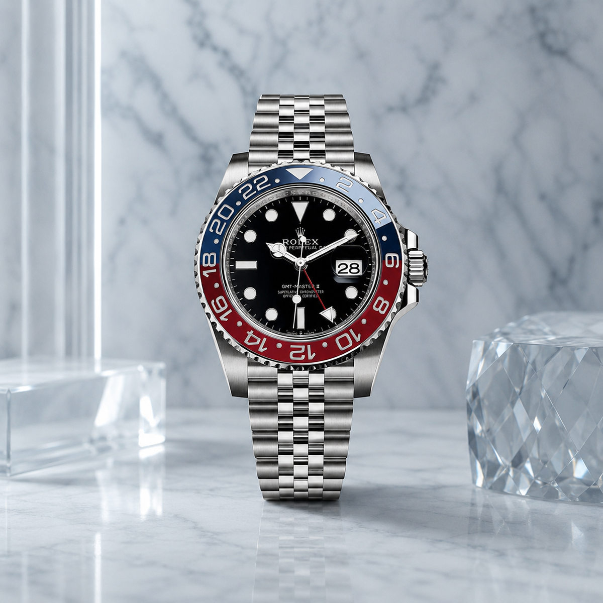 Luxusuhr GMT-Master II "Pepsi" Jubilee 126710BLRO – luxuriöse Produktaufnahme