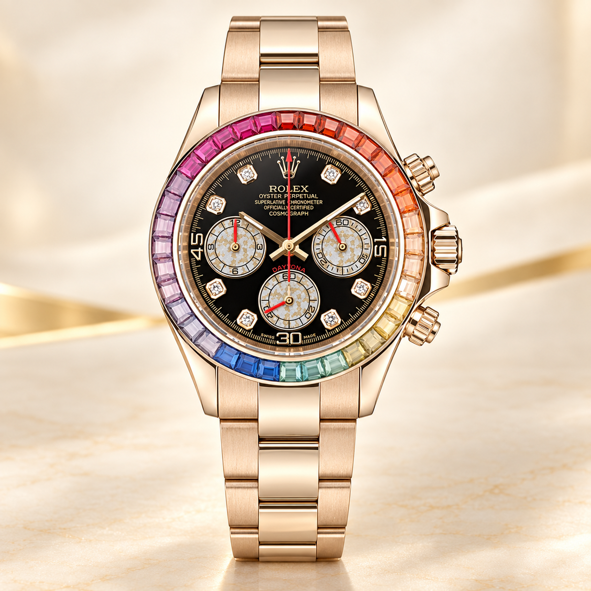 Rosalume Herren-Chronograph – Vorderansicht mit schwarzem Zifferblatt und farbigem Steinbesatz