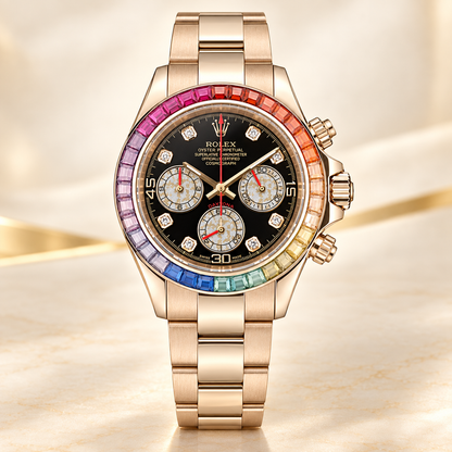 Rosalume Herren-Chronograph – Vorderansicht mit schwarzem Zifferblatt und farbigem Steinbesatz