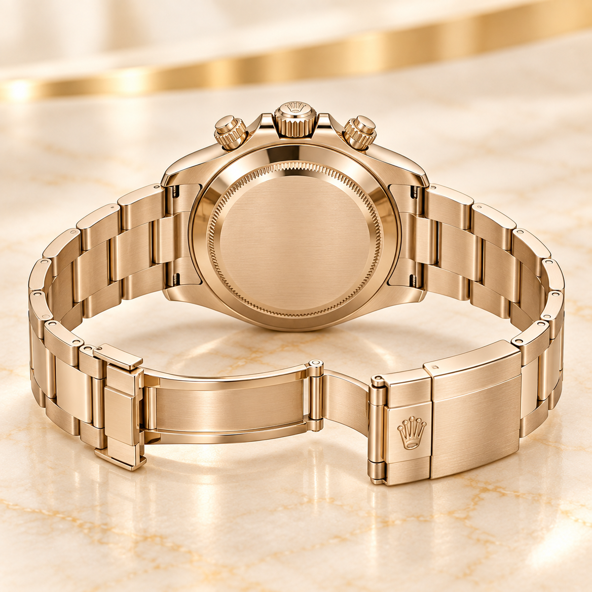 Rosalume Herren-Chronograph – geschlossener Gehäuseboden und geöffnetes Gliederarmband