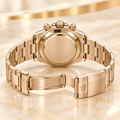 Rosalume Herren-Chronograph – geschlossener Gehäuseboden und geöffnetes Gliederarmband
