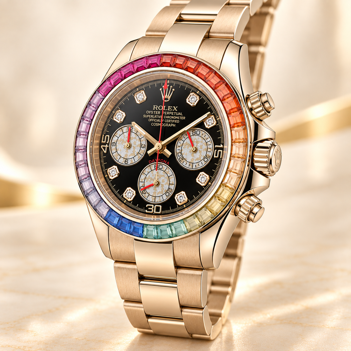 Rosalume Herren-Chronograph – Seitenansicht mit Krone, Drückern und farbigem Steinbesatz