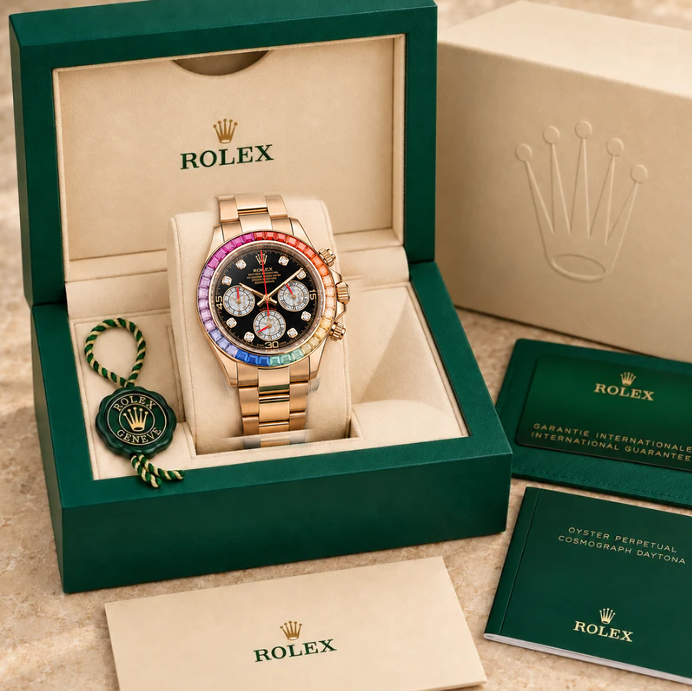 Rosalume Herren-Chronograph – Schwarz, Roségoldfarben & Farbsteinbesatz | 39 mm in groene Rolex-doos
