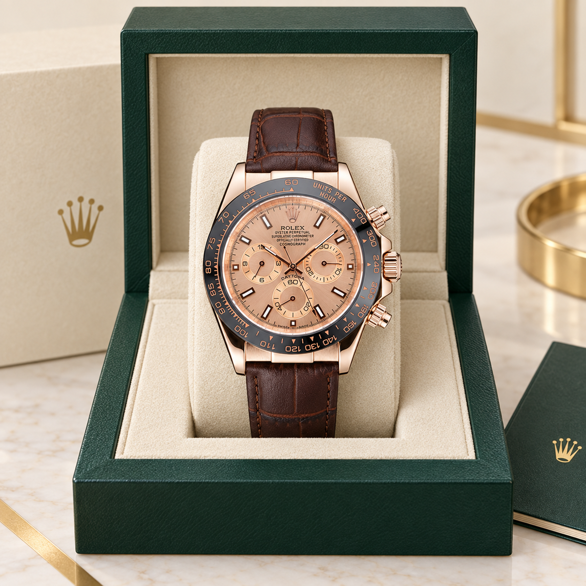Rosavero Herren-Chronograph – Roségoldfarben & Braun, 39 mm, in grüner Uhrenbox