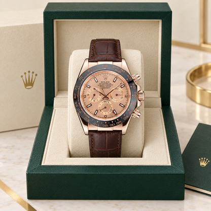 Rosavero Herren-Chronograph – Roségoldfarben & Braun, 39 mm, in grüner Uhrenbox