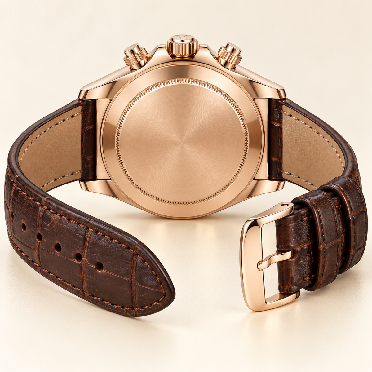 Rosavero Herren-Chronograph – geschlossene Rückseite und geöffnetes braunes Armband
