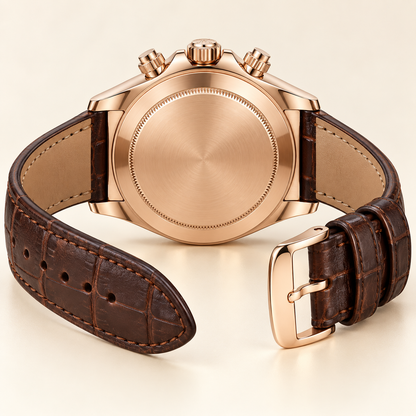 Rosavero Herren-Chronograph – geschlossene Rückseite und geöffnetes braunes Armband