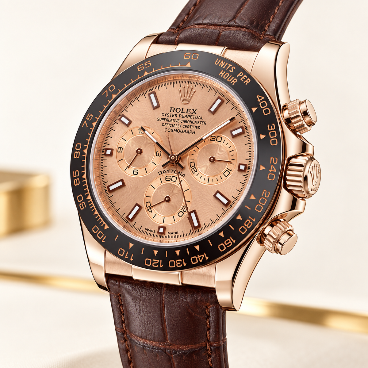 Rosavero Herren-Chronograph – Seitenansicht des roségoldfarbenen Gehäuses