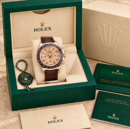 Rosavero Herren-Chronograph – Roségoldfarben & Braun | 39 mm in groene Rolex-doos