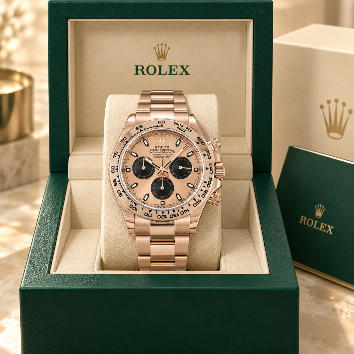 Roselume Herren-Chronograph in Rosé und Schwarz, 40 mm – Präsentation mit Uhrenbox