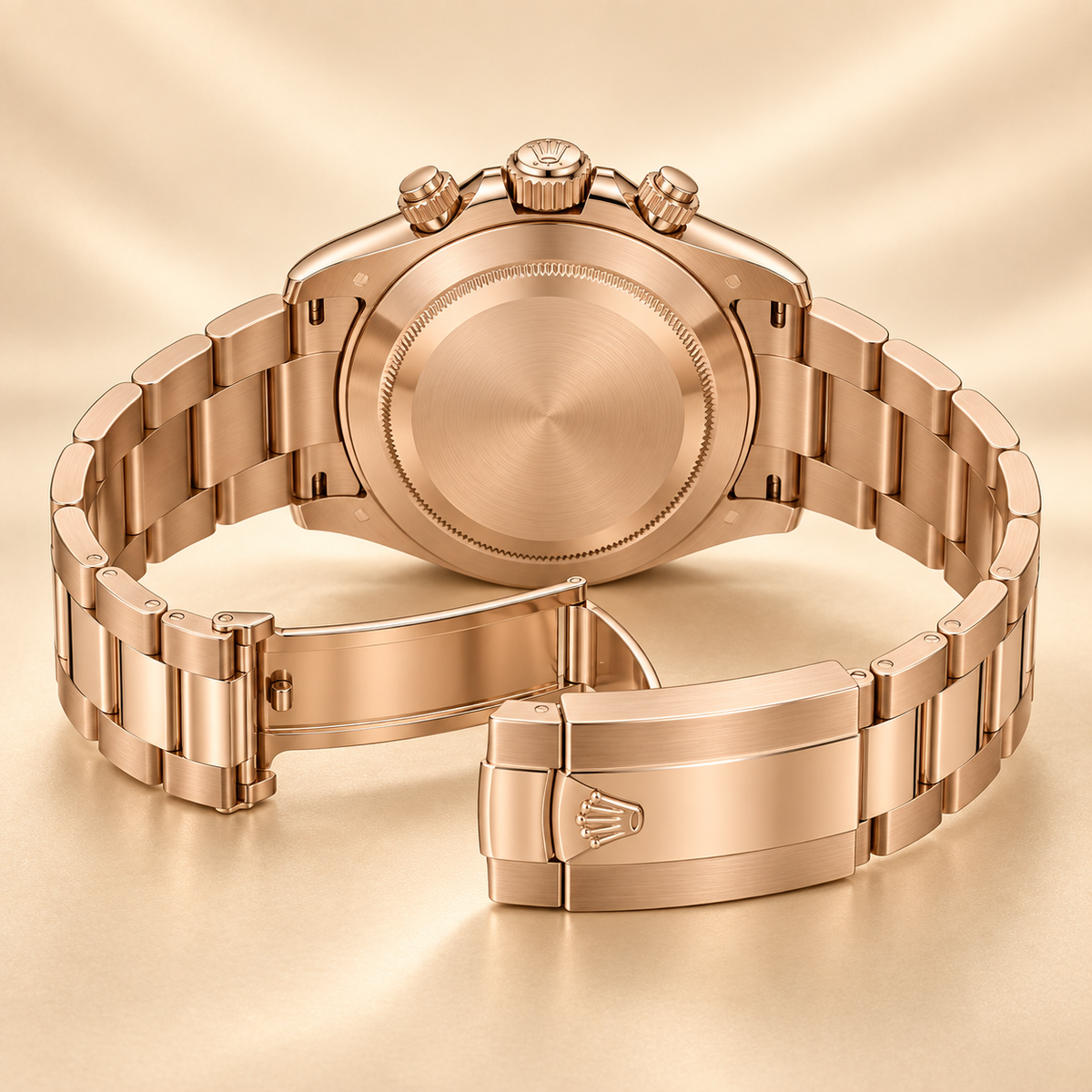 Roselume Herren-Chronograph in Rosé und Schwarz, 40 mm – Rückansicht mit geöffnetem Armband