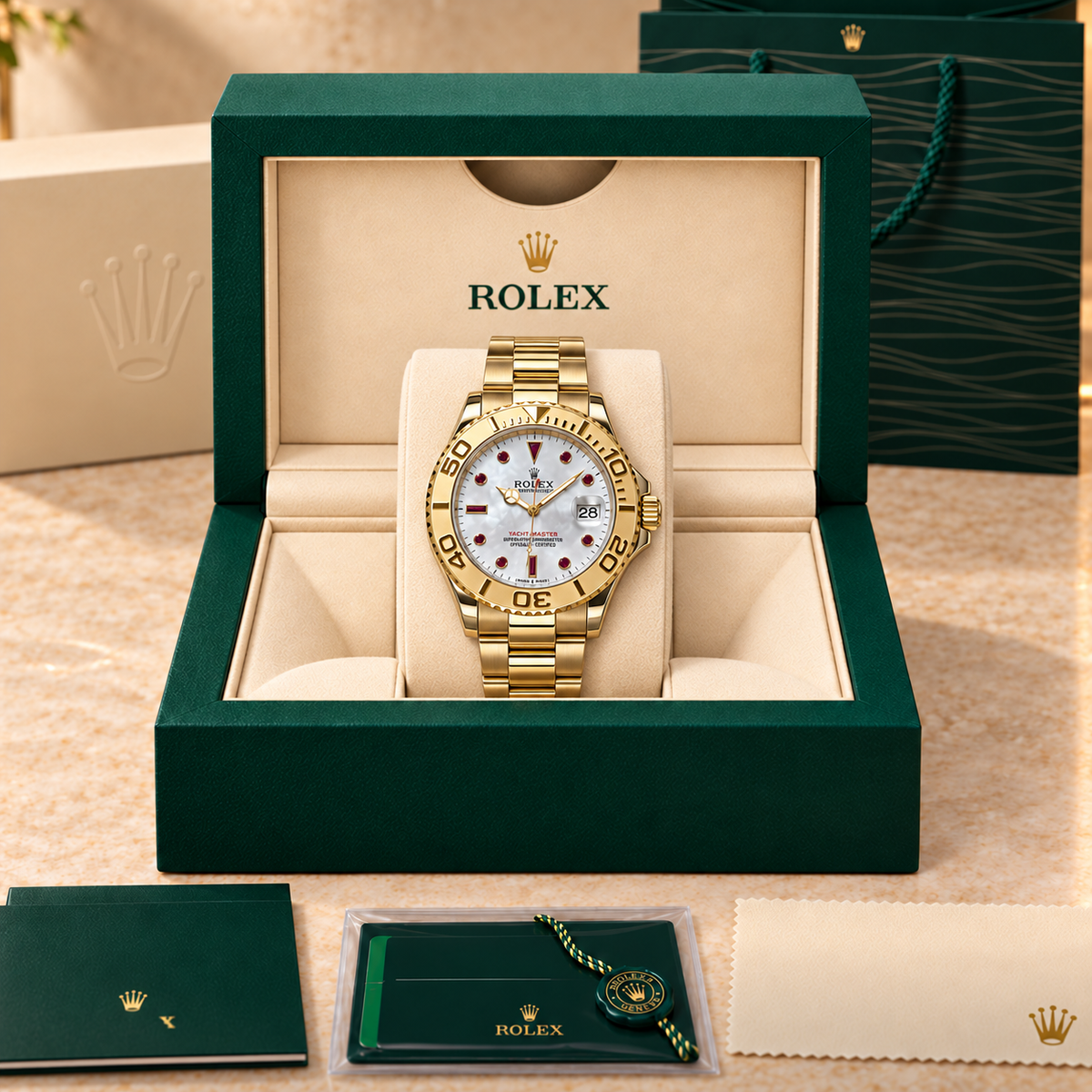 Ruby Uhr mit roten Akzenten und Goldarmband in Präsentationsbox
