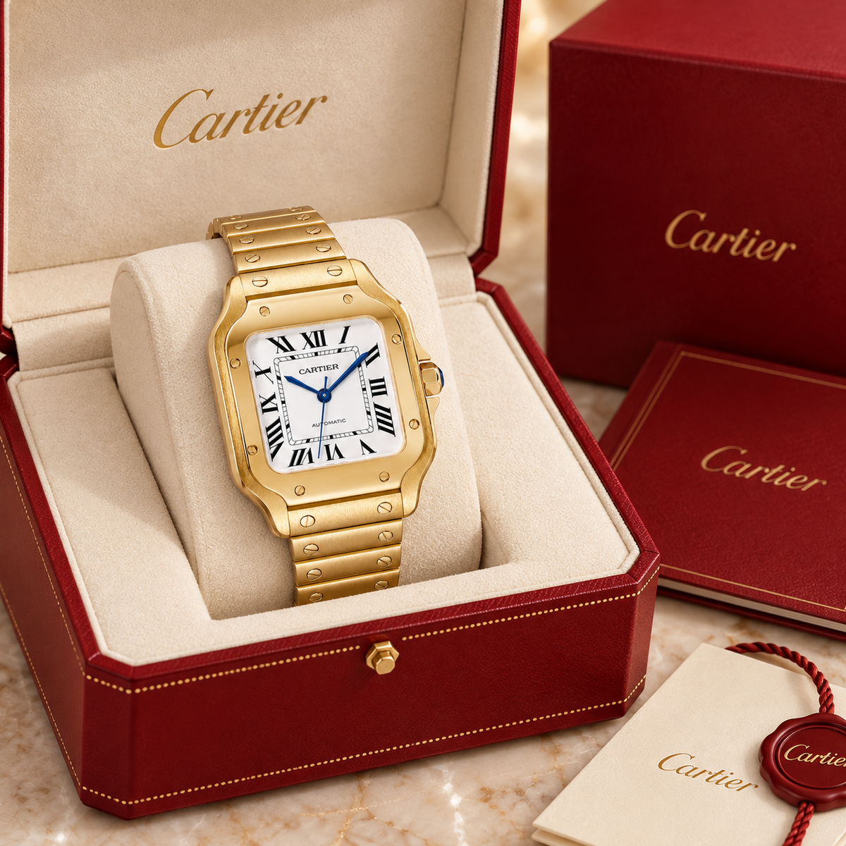 Santos Damenuhr in Gold mit silbernem Opalin-Zifferblatt 34,5 × 27 mm in luxe presentatiebox
