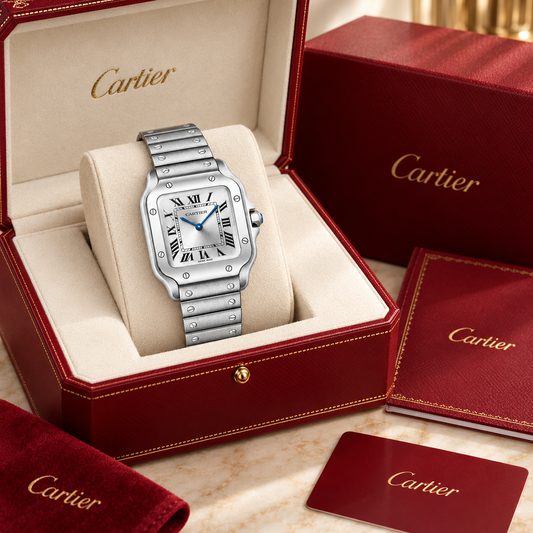 Santos Damenuhr in Silber mit gebläuten Stahlzeigern 34,5 × 27 mm in luxe presentatiebox