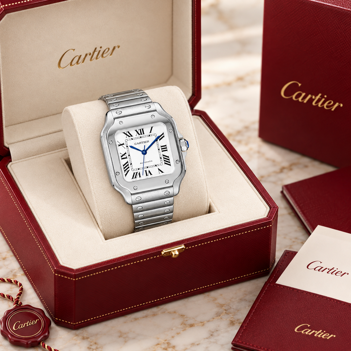 Santos Damenuhr in Silber mit silbernem Opalin-Zifferblatt 34,5 × 27 mm in luxe presentatiebox