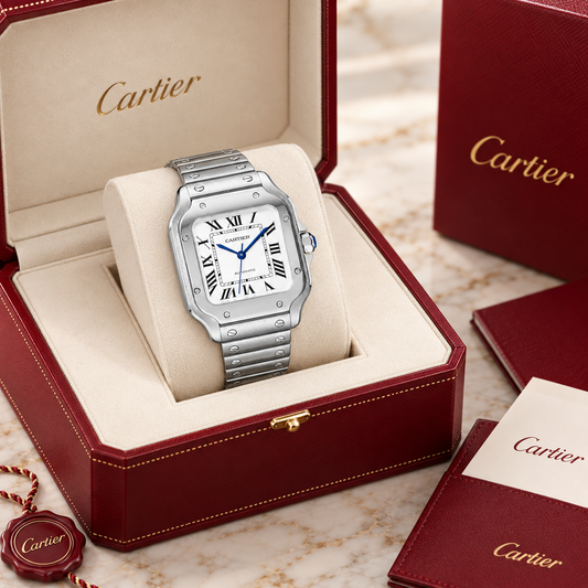 Santos Damenuhr in Silber mit silbernem Opalin-Zifferblatt 34,5 × 27 mm in luxe presentatiebox
