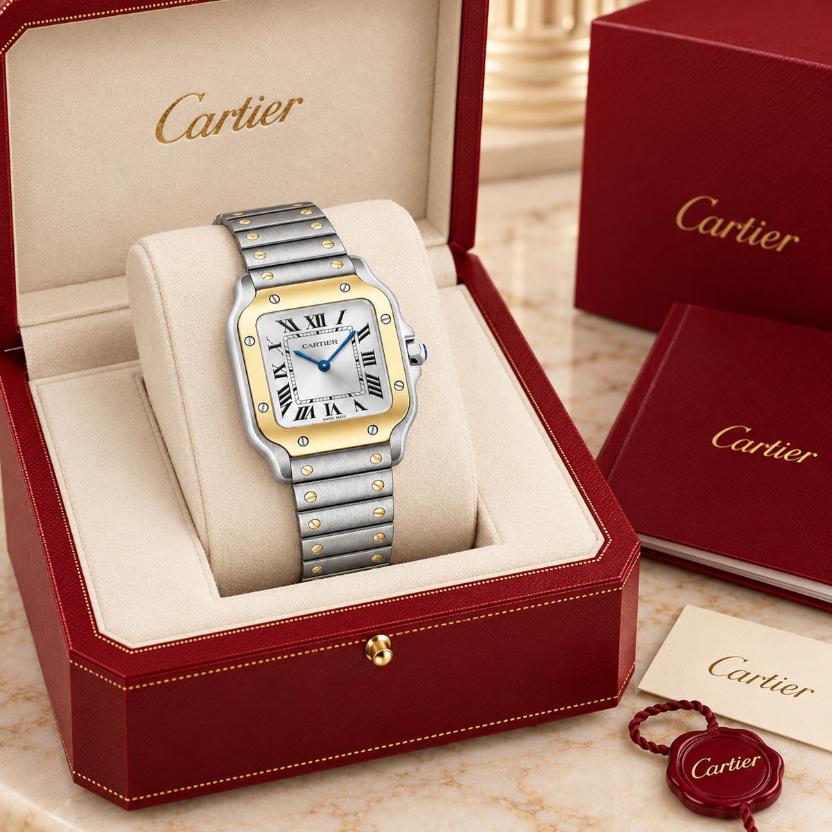 Santos Damenuhr in Silber und Gold 34,5 × 27 mm in luxe presentatiebox