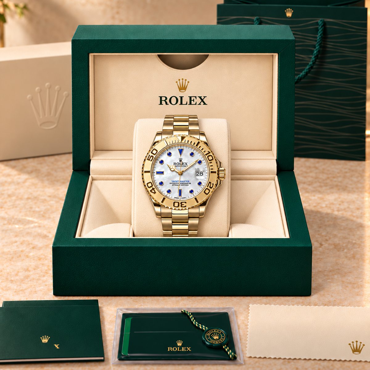Sapphire Uhr mit blauen Akzenten und Goldarmband in Präsentationsbox